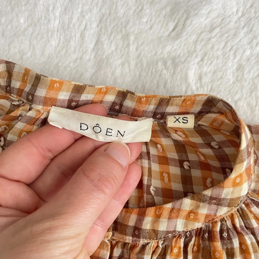 Doen The Jane Blouse Orange Meringue Plaid Clip Dot Cotton Button Top Size XS